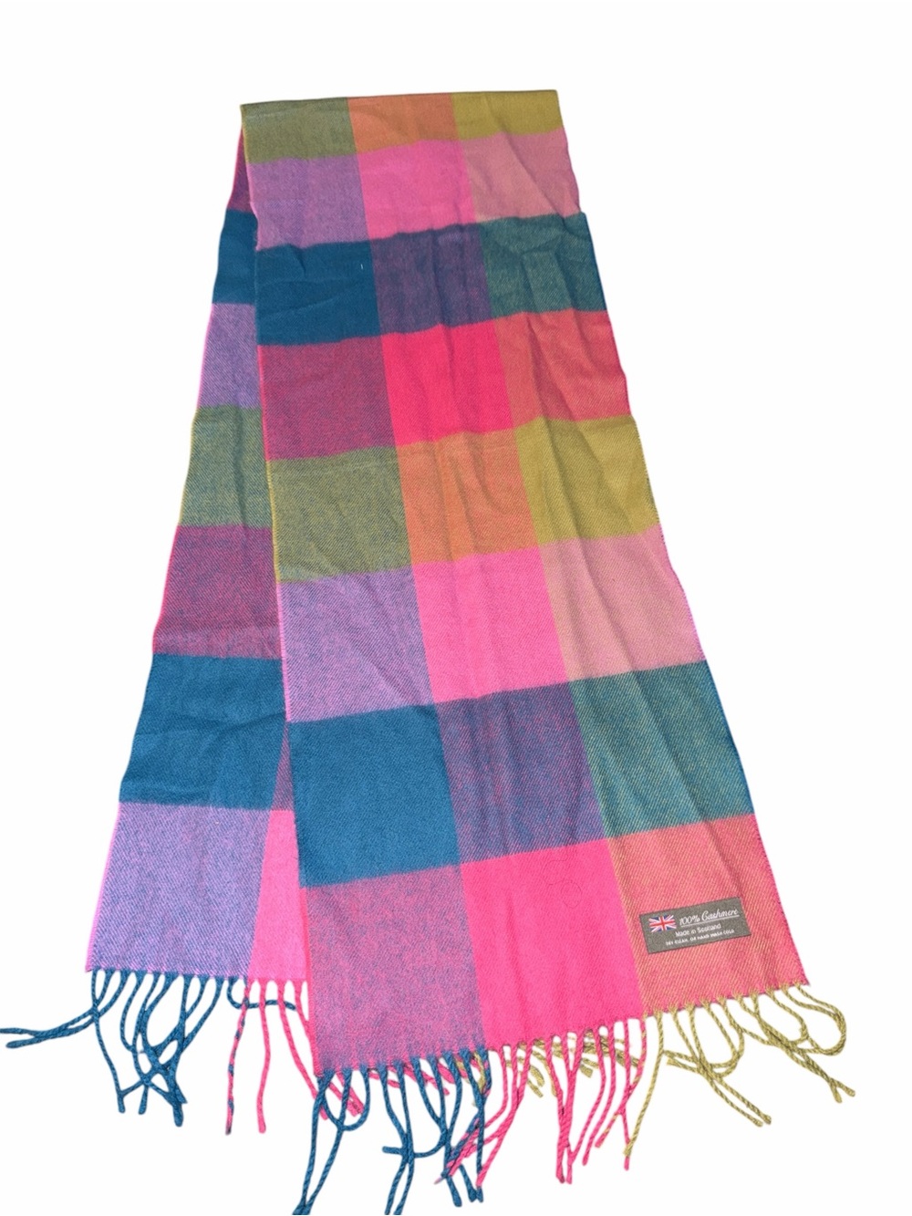 Cashmere Colorblock Pink Multicolor Plaid Fringe Scarf -